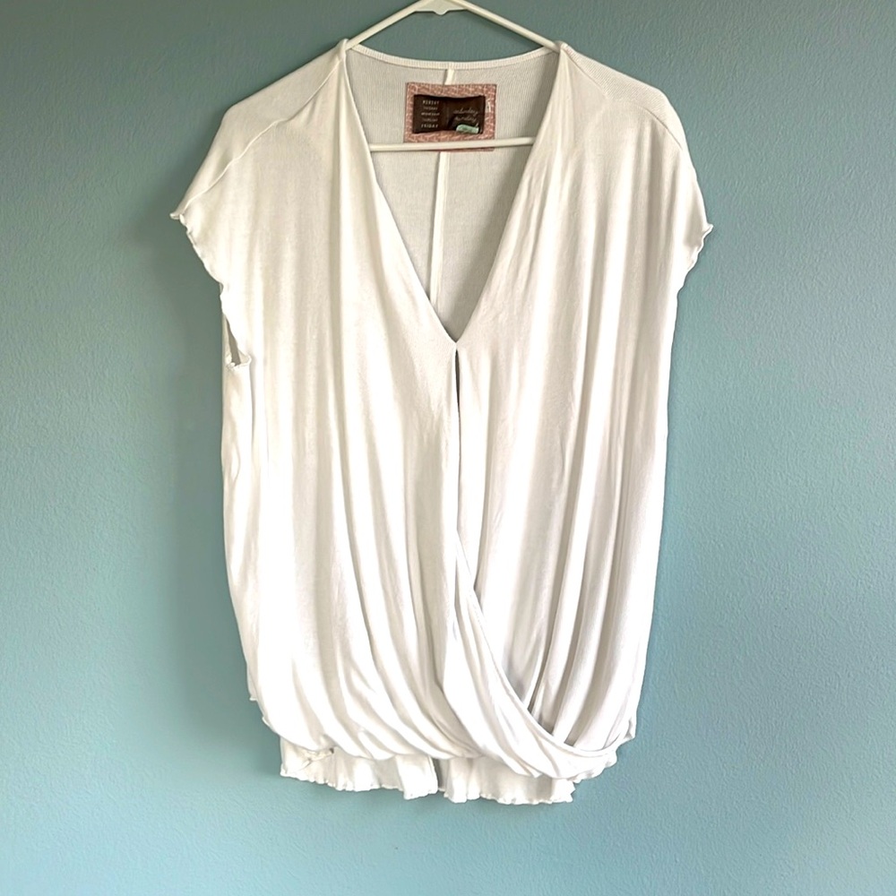 Anthropologie Saturday Sunday Ribbed Top Small White Clarissa Short Sleeve Knit